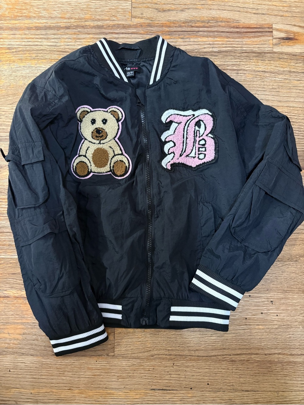 Black Teddy Patch Bomber Jacket with Pink Letter Patch